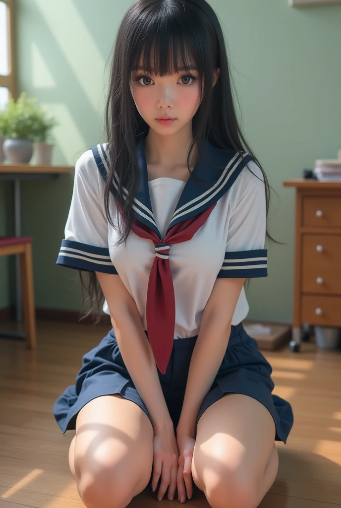 Place your hands on your knees、((She boldly shows off her exposed pubic area))、(Squatting panchira)、double eyelid、Perfect Fingers、Perfect Proportions、huge 、Eyelashes、Place your heels on the ground、Beautiful and fine details、Ultra-detailed、High resolution、Transcendental beauty、Highest quality、masterpiece、((Japanese high school girls uniform))、Extremely detailed representation、School classroom、Highly detailed appearance、Pretty Girl JC、Positive、She spreads her legs erotically, (((Dynamic Pose)))、((Sit with your knees bent))、Sexy gaze、Low angle、(((The clit is visible)))