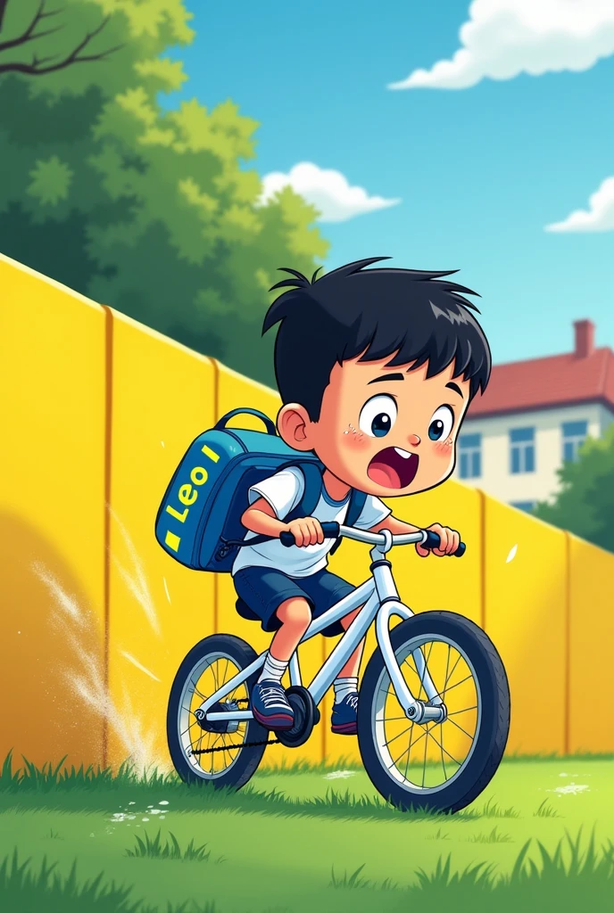 disegna con uno stile CARTOON un bambino di 12 anni basso magrissimo simile a un cinese e con la frangetta dirttissima simile a quella di phil foden oppure con il buzz cut.
He's on a white bike, He's coming out of the soccer field where he plays, con alle spalle il suo zainetto blu con scritto Leo in giallo. 
You have to catch him as he crashes into a yellow school wall and even before falling he's already about to cry with his mouth wide open 
