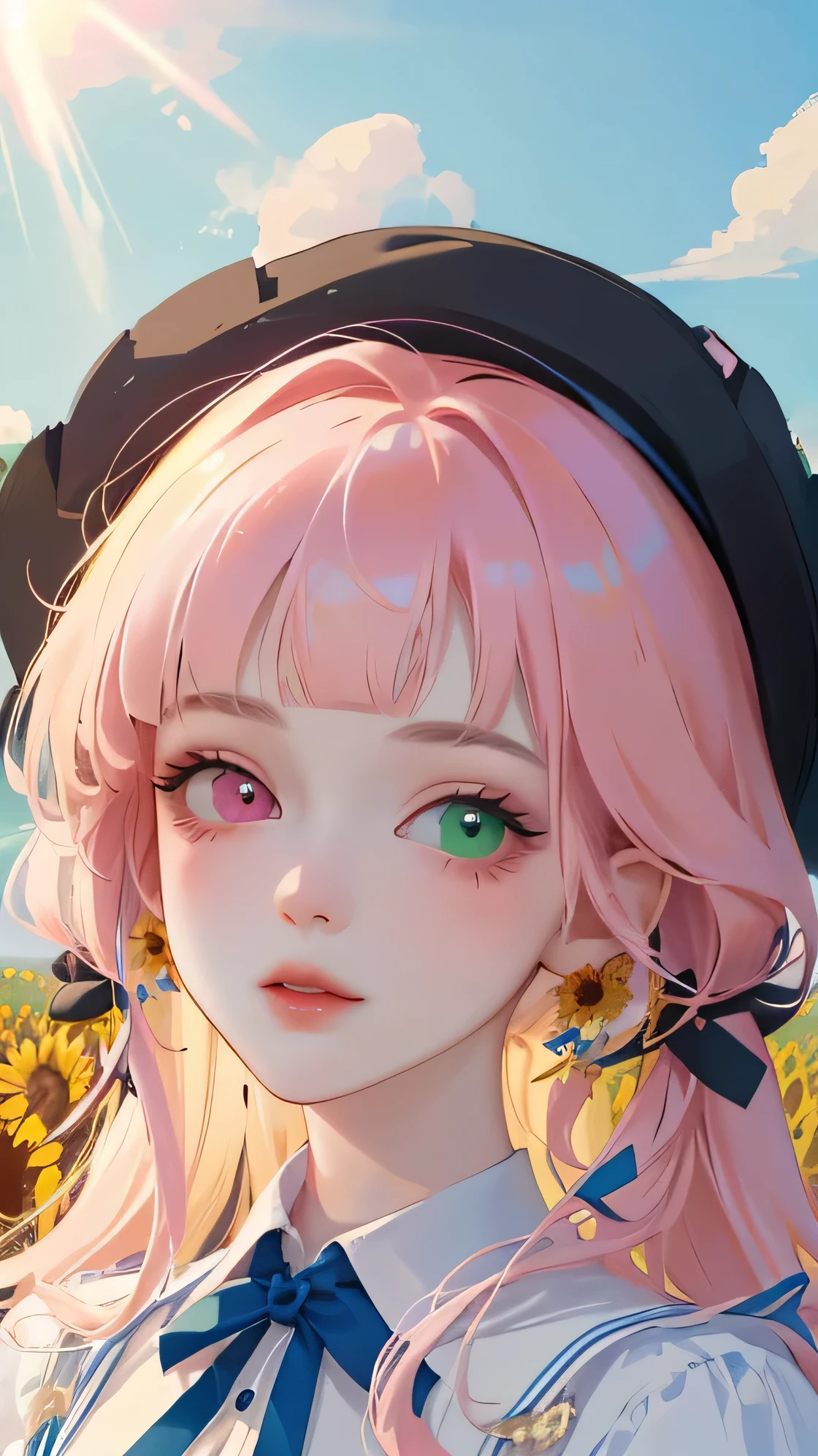 (high quality) (Best Quality) (Una women) (correct physiognomy) (perfect students) (Perfect eyes) women, pink hair with bangs on the forehead, eyes with heterochromia, one green eye and the other golden, sensitive lips, feminine appearance, soft facial features, thin eyebrows, soft skin, rosy cheeks, pink lips, silky eyelashes, dreamy expression, Middle age, youth clothing, Lolita-style dress with a lolita-style hat on the head, photo illuminated by sunlight,in a field of sunflowers