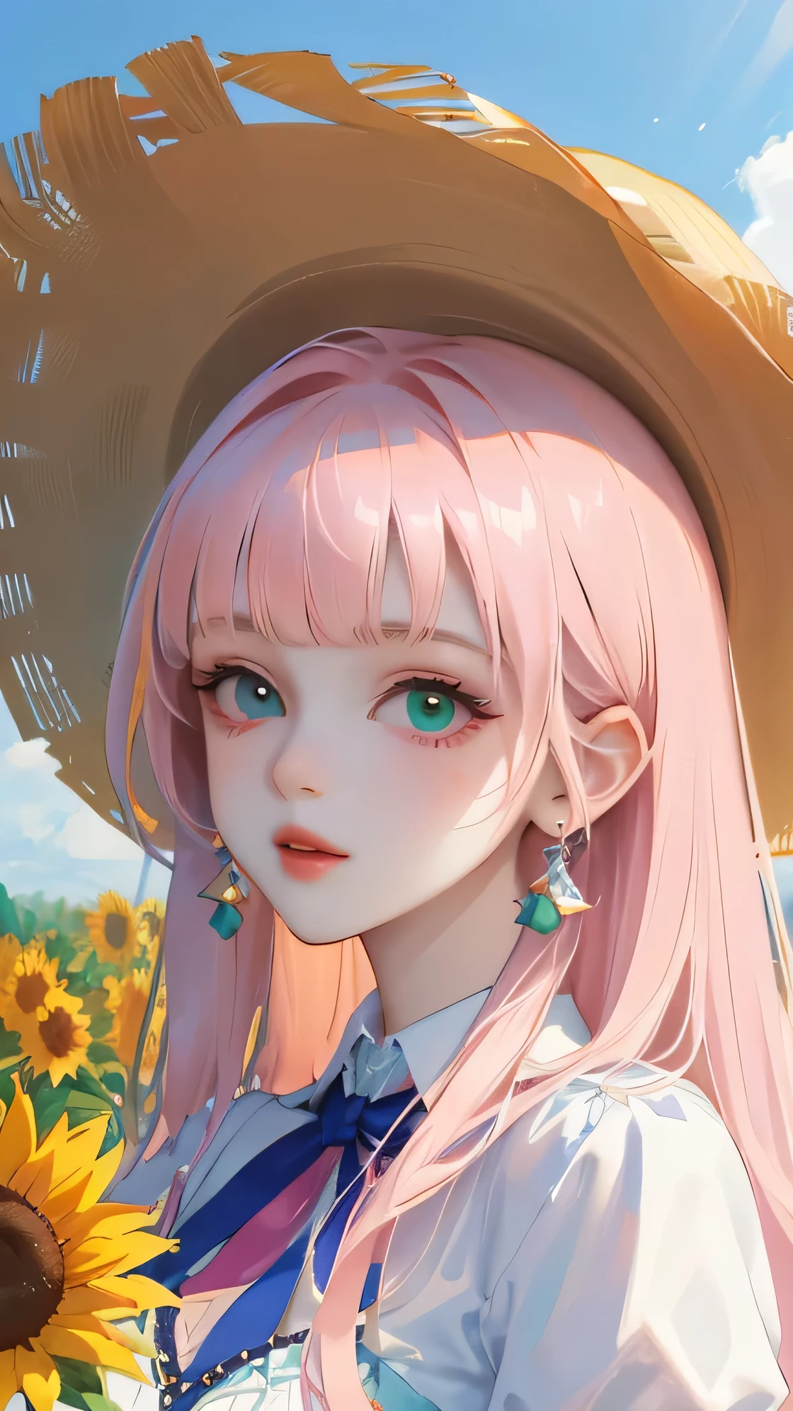 (high quality) (Best Quality) (Una women) (correct physiognomy) (perfect students) (Perfect eyes) women, pink hair with bangs on the forehead, eyes with heterochromia, one green eye and the other golden, sensitive lips, feminine appearance, soft facial features, thin eyebrows, soft skin, rosy cheeks, pink lips, silky eyelashes, dreamy expression, Middle age, youth clothing, ta-style dress with a lolityle hat on the head, photo illuminated by sunlight,in a field of sunflowers