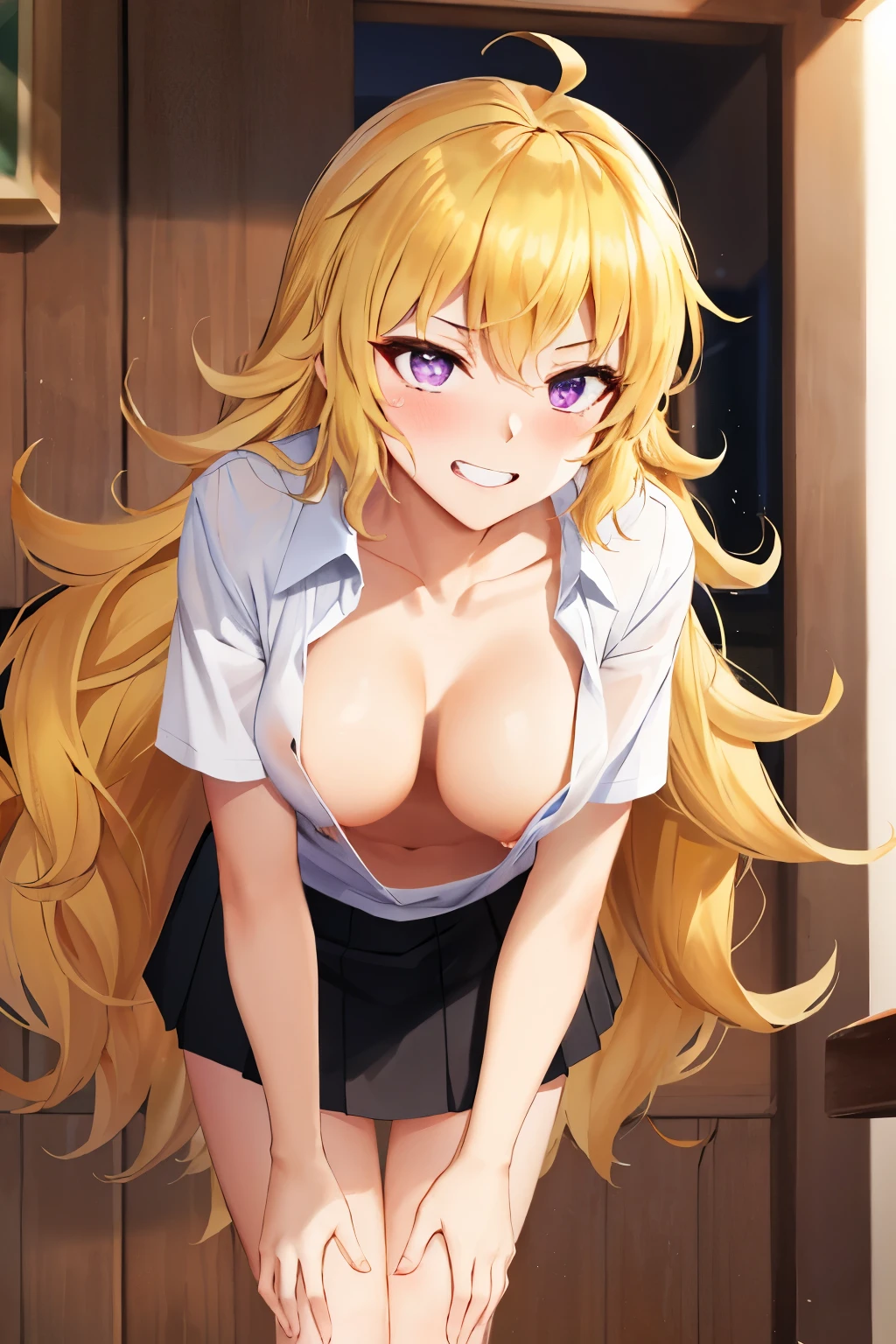 (masterpiece:1.2, best quality), 1girl, (make her yang xiao long:1.5), smirk, slim, slender, purple eyes, sharp eyes, large_breasts, leaning forward, facing viewer, from below, white shirt, pleated skirt, areola slip, down blouse, embarrassed, (ahegao:1.5), legs apart, on her knees, very long blonde hair, ^ ^, school, nude, detailed nipples, exposed breasts, 