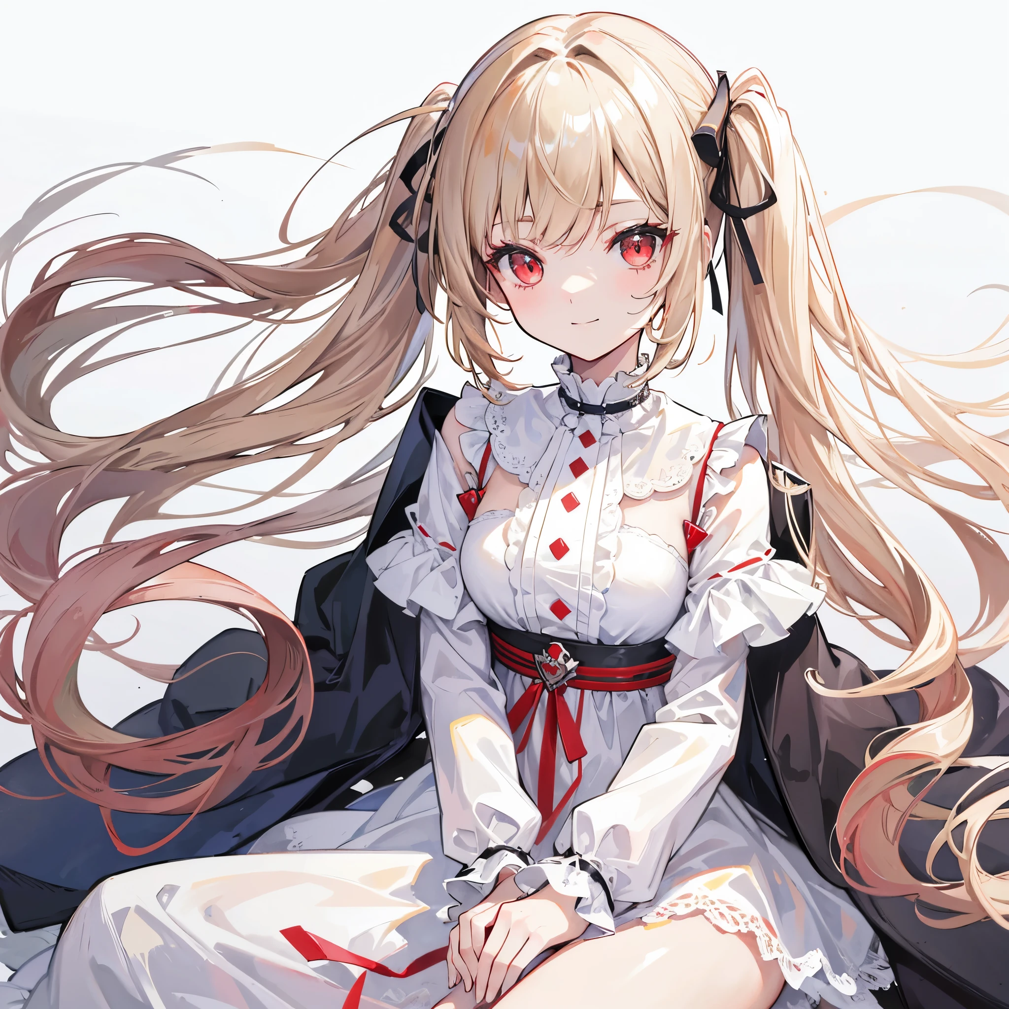 High resolution, One person, solo, Long Hair, Twin tails,Red eyes,Beige hair,
Highest quality, masterpiece, High-resolution model, Long Hair, Shiny Hair, Sparkling eyes, Lonely, smile, disposal、watercolor、Light color scheme、White dress、sit,Simple Background, Close-up, Part of the picture goes outside the frame, Lots of white space, watercolor画