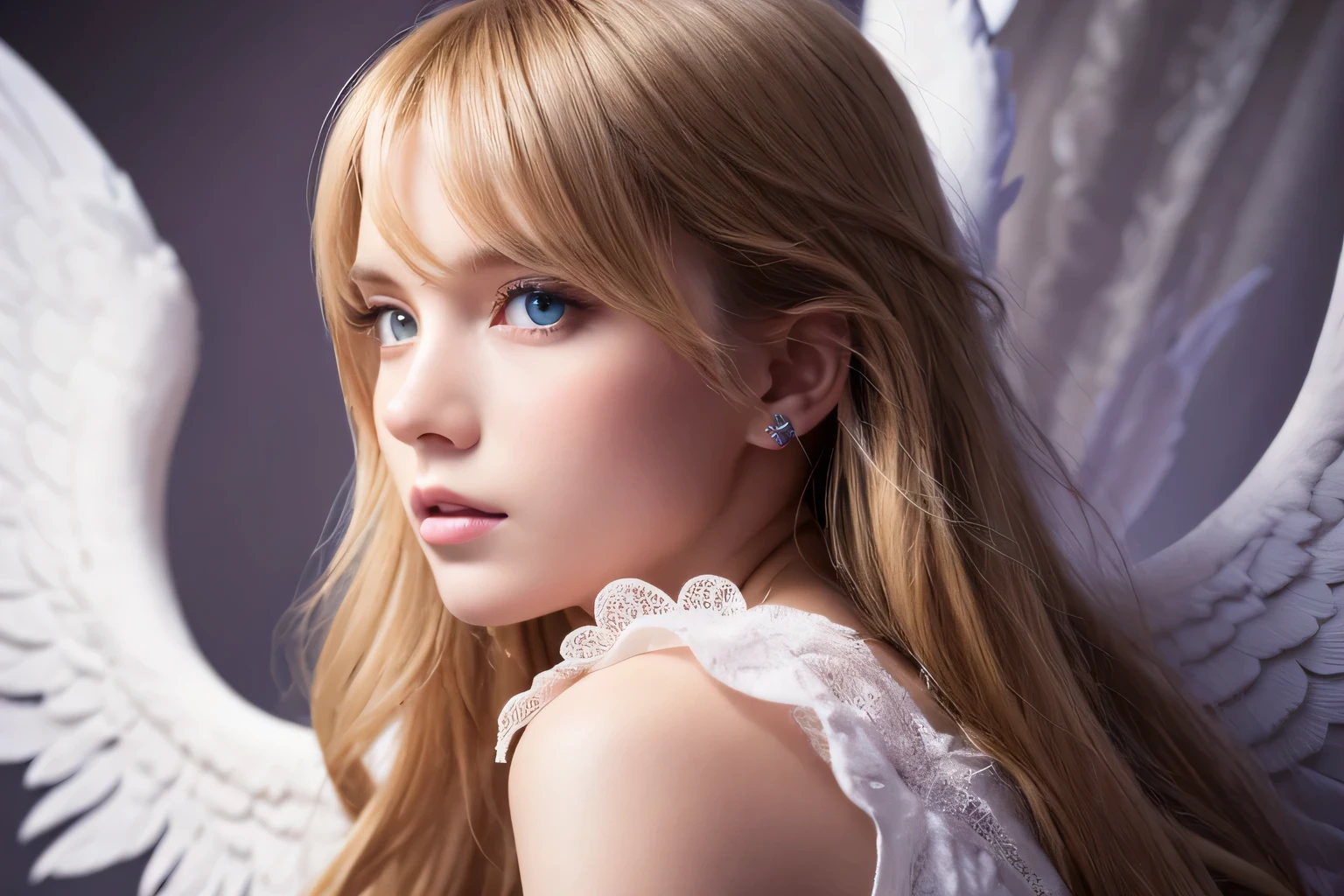 Close-up of a woman with long blonde hair and blue eyes, Album cover by Daniel Taylor, tumbler, Art Nouveau, quickly, taylor quickly as a heavenly angel, taylor quickly, taylor quickly as a boy, taylor quickly modeling, taylor quickly face, portrait of taylor quickly, portrait photo of taylor quickly, photograph of taylor quickly, taylor quickly made of purple ice