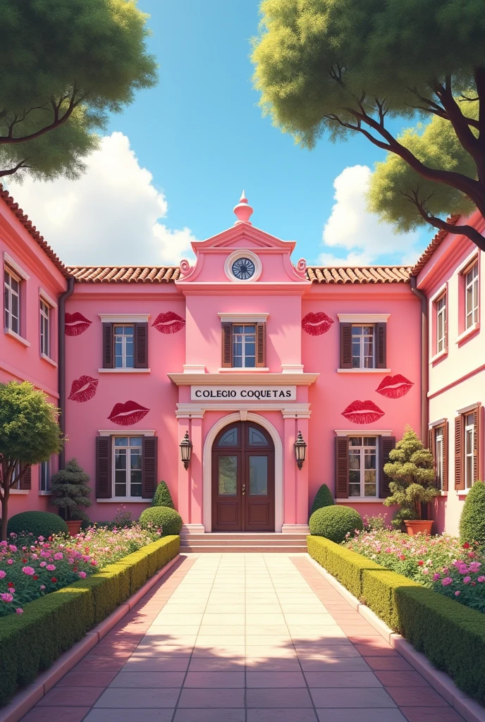 (photorealism:1.2),  Empty pink girls' school yard,  classic school building, 
clean in good shape, the sign "Colegio Coquetas" and the signs of many kisses 💋 on the walls, not childish drawings on the walls, realistic, intricate details