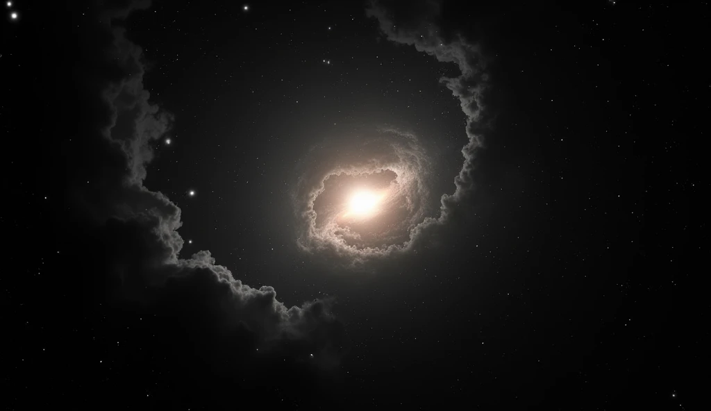 A vast darkness with a soft glow in the center, symbolizing the void before creation. Stars begin to appear in the background, creating a contrast with the darkness.