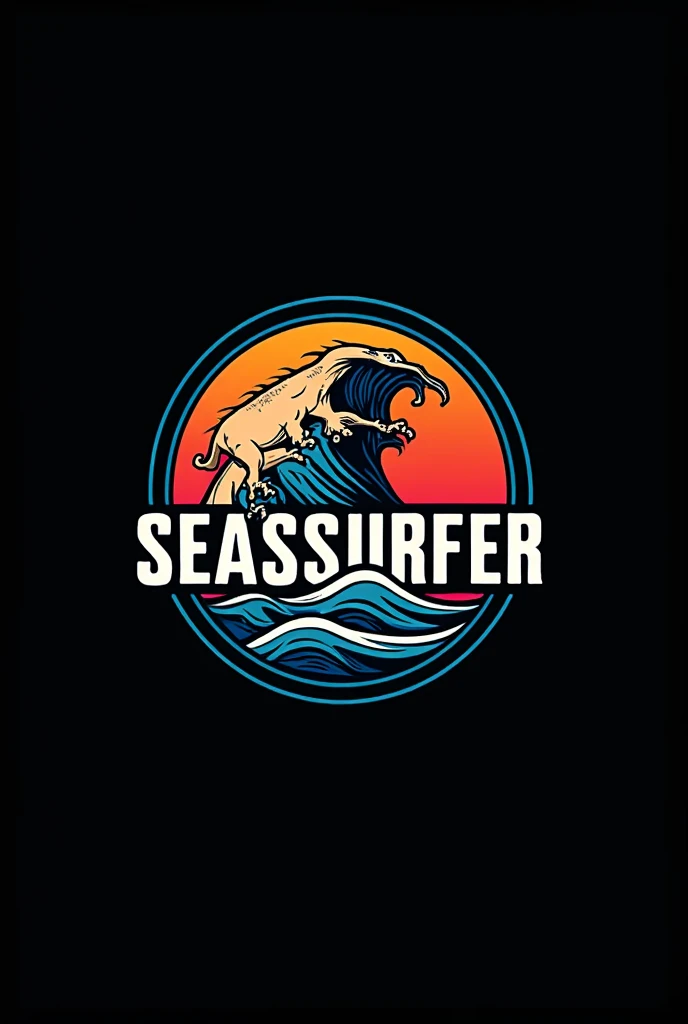 a circle logo, a surf mascot, "SEASSSURFER" text in the middle, black background, detailed logo design, intricate design, minimalist style, clean lines, (best quality,4k,8k,highres,masterpiece:1.2),ultra-detailed,(realistic,photorealistic,photo-realistic:1.37),professional,vivid colors