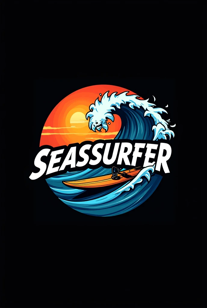 a circle logo, a surf mascot, "SEASSSURFER" text in the middle, black background, detailed logo design, intricate design, minimalist style, clean lines, (best quality,4k,8k,highres,masterpiece:1.2),ultra-detailed,(realistic,photorealistic,photo-realistic:1.37),professional,vivid colors