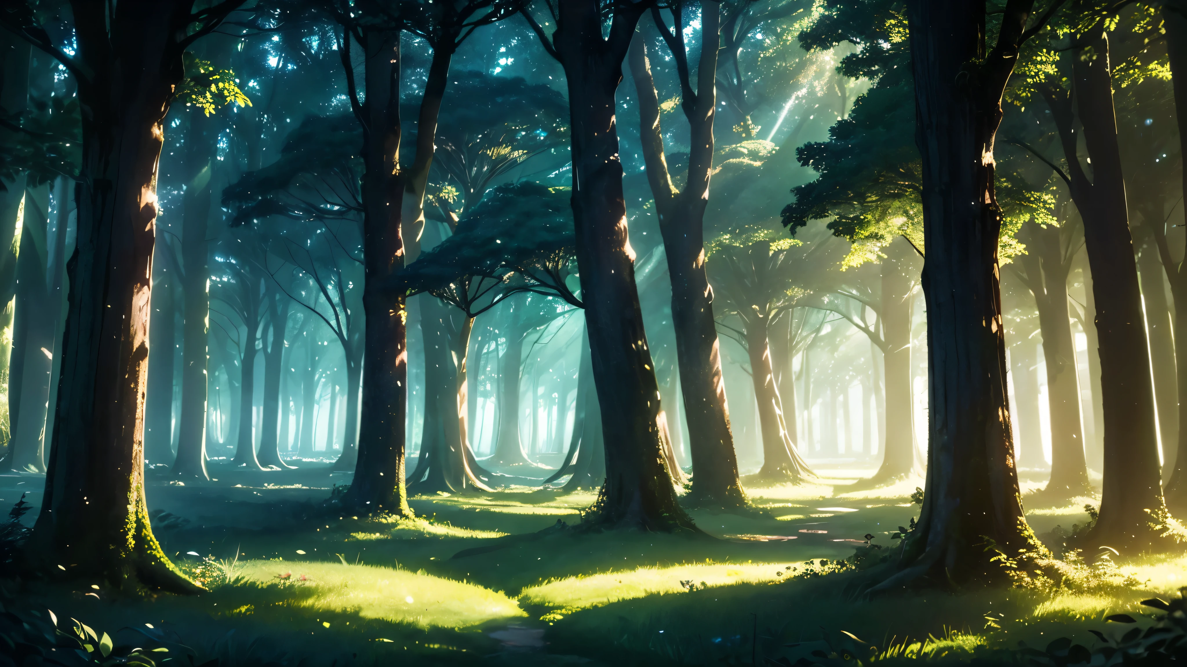 A magical forest background filled with towering trees and glowing lights that create an enchanting and mysterious atmosphere. The trees are lush and verdant, with their branches intertwined to form a canopy overhead. Soft, ethereal lights illuminate the forest floor, casting a warm and mystical glow. The scene exudes a sense of wonder and otherworldly beauty, perfect for a fantastical setting
