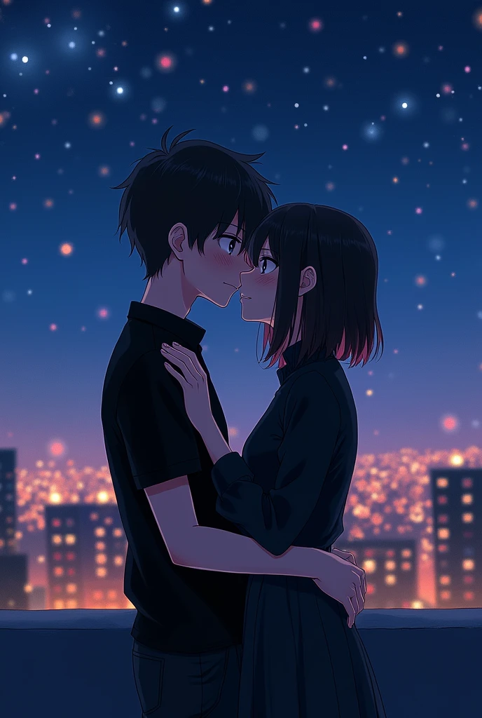 "Create a romantic anime-style image of a boy and a girl sharing a tender kiss on the rooftop of a building at night. Both are wearing modern black shirts. The city lights sparkle in the background, creating a warm and intimate atmosphere. The scene captures the softness and affection of the kiss, with the boy gently holding the girl's waist while she places her hand on his shoulder. The night sky above and the city below emphasize the romance and connection between them."