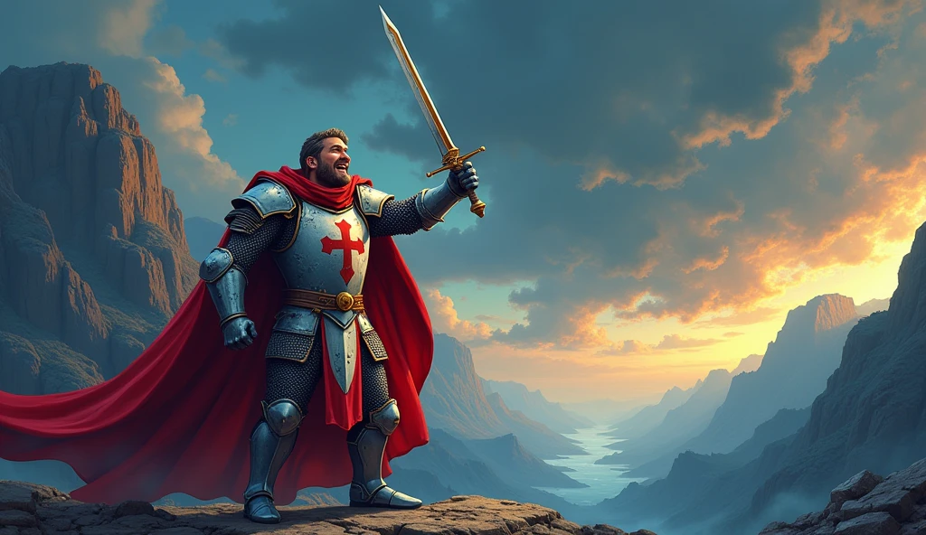 single Templar knight in cartoon style, standing on foot with his sword raised high, shouting with bravery and determination. The knight has bold, expressive features with exaggerated cartoonish details, and the colors are vibrant with clean lines. The background includes stylized stormy skies or a rugged landscape, designed to complement the epic and heroic tone of the knight.
