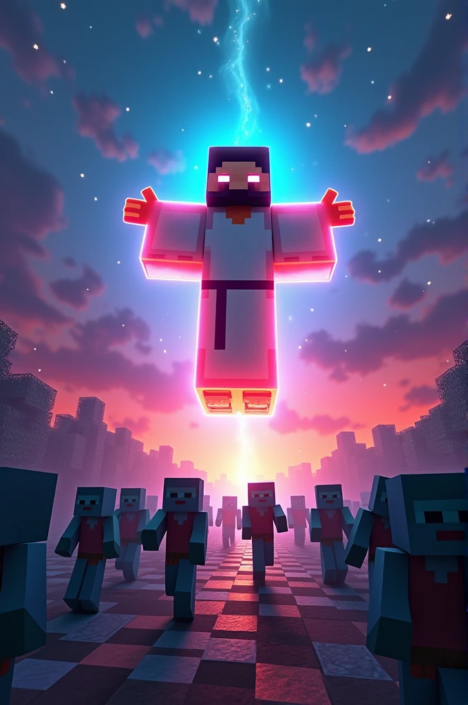 Jesus in Minecraft glowing and flying over zombies