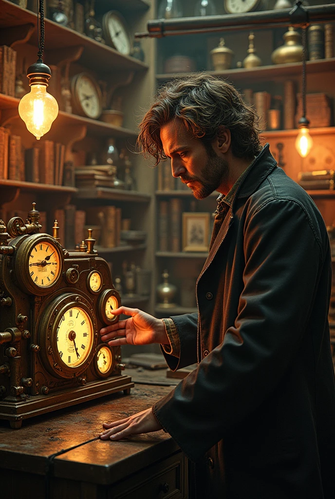 A scientist, the Time Traveler, in his laboratory with his time machine. The machine is full of gears and clocks.