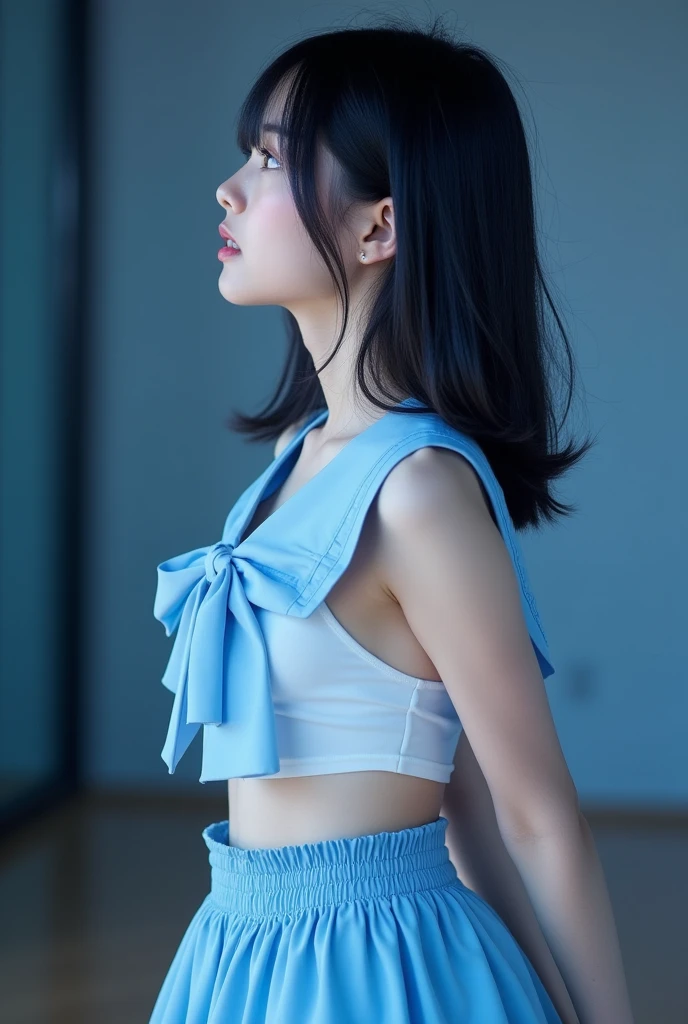 Long shot profile portrait photo of a beautiful cute girl, black medium straight hair, Japanese junior idol, , 50mm portrait, peformimg on single stage lighting, Top: light blue sweet collar, front button opened, visible white lingerie, light blue solid skirt and Matching Bow Tie, blue and white shoe