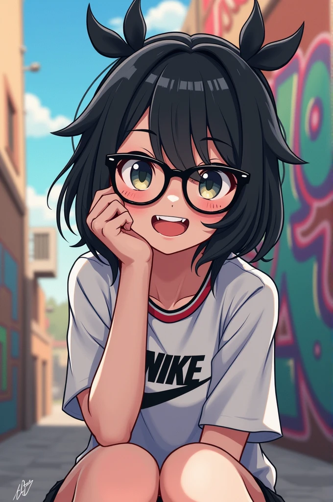 cute girl, with glasses, sharped teeth, Nike blouse, 3 hairs, アニメ, Bblack hair