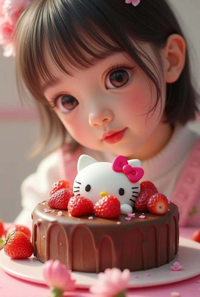 a cute hello kitty logo, a strawberry and chocolate dessert, simple and adorable decorations, (best quality,4k,8k,highres,masterpiece:1.2),ultra-detailed,(realistic,photorealistic,photo-realistic:1.37),delicate pastel colors,soft lighting,cute and sweet,adorable,highly detailed,beautiful detailed eyes,beautiful detailed lips,extremely detailed eyes and face,longeyelashes,adorable and charming,minimalist design,simple yet elegant,1girl,food,confectionery,dessert,sweet,kawaii,girly