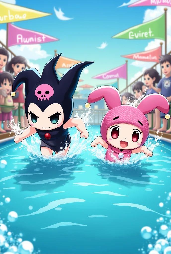 Kuromi and My Melody fiercely competing in the swimming Olympics