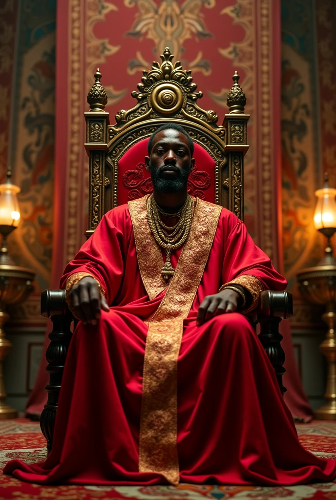 Black man wearing traditional red Yoruba robes, holding a double-edged axe while sitting on a throne
