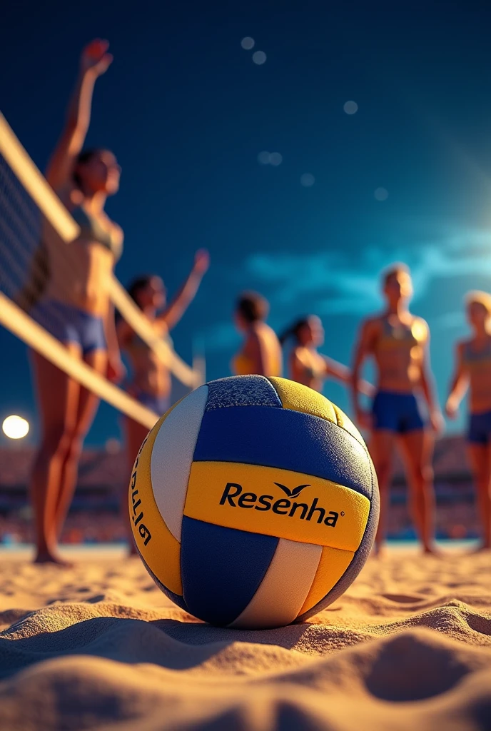 Beach volleyball. The ball is in front, male and female players behind. The players are at the Olympics. It&#39;s night and they&#39;re in uniform, bermuda shorts and tank top, the brand of the ball is Resenha. The image focuses on the ball and the Resenha brand.. Review is written in metallic gold. I need more highlight for the ball.