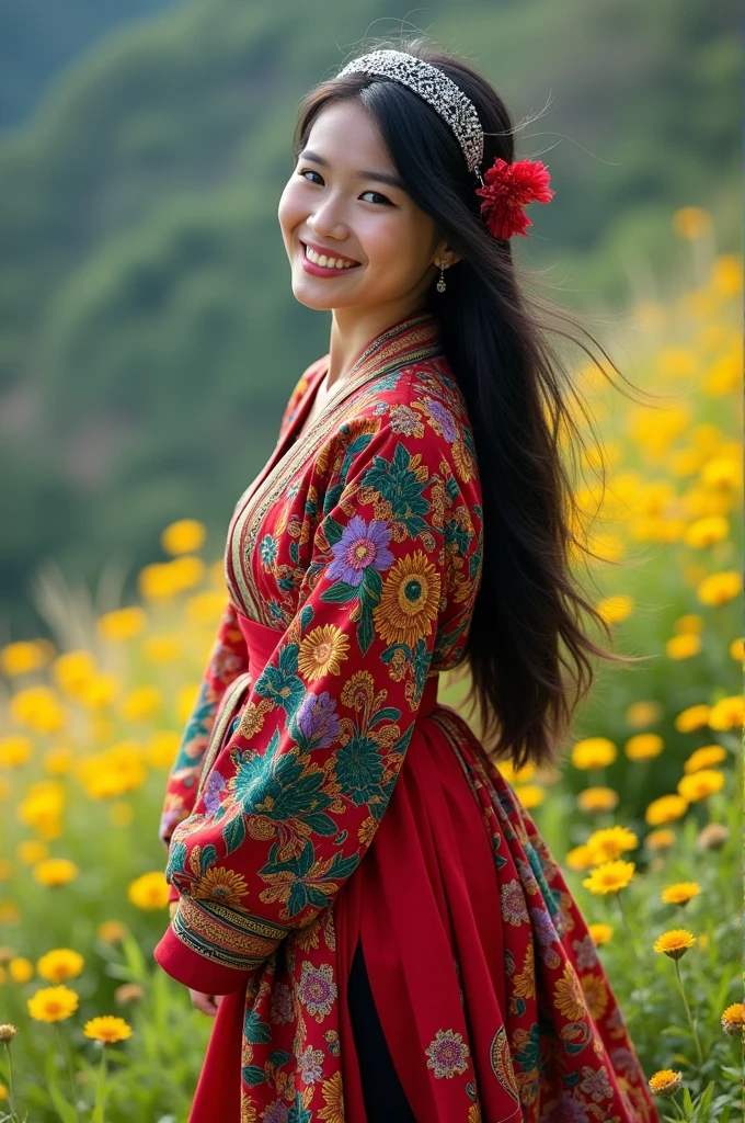 a slim beautiful Hmong girl wearing hmong clothes