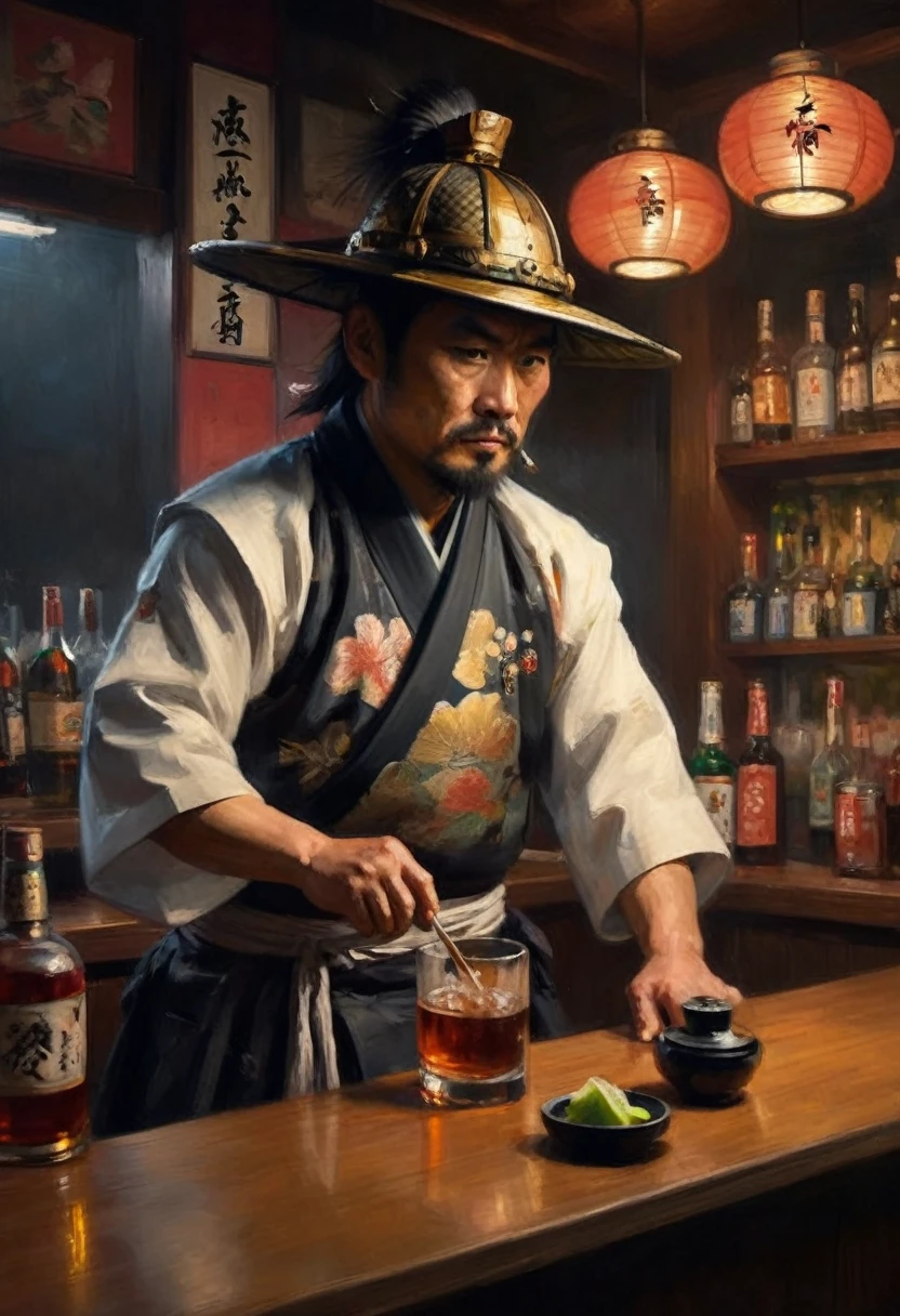 japanese samurai bartender, hyperrealistic, dim light