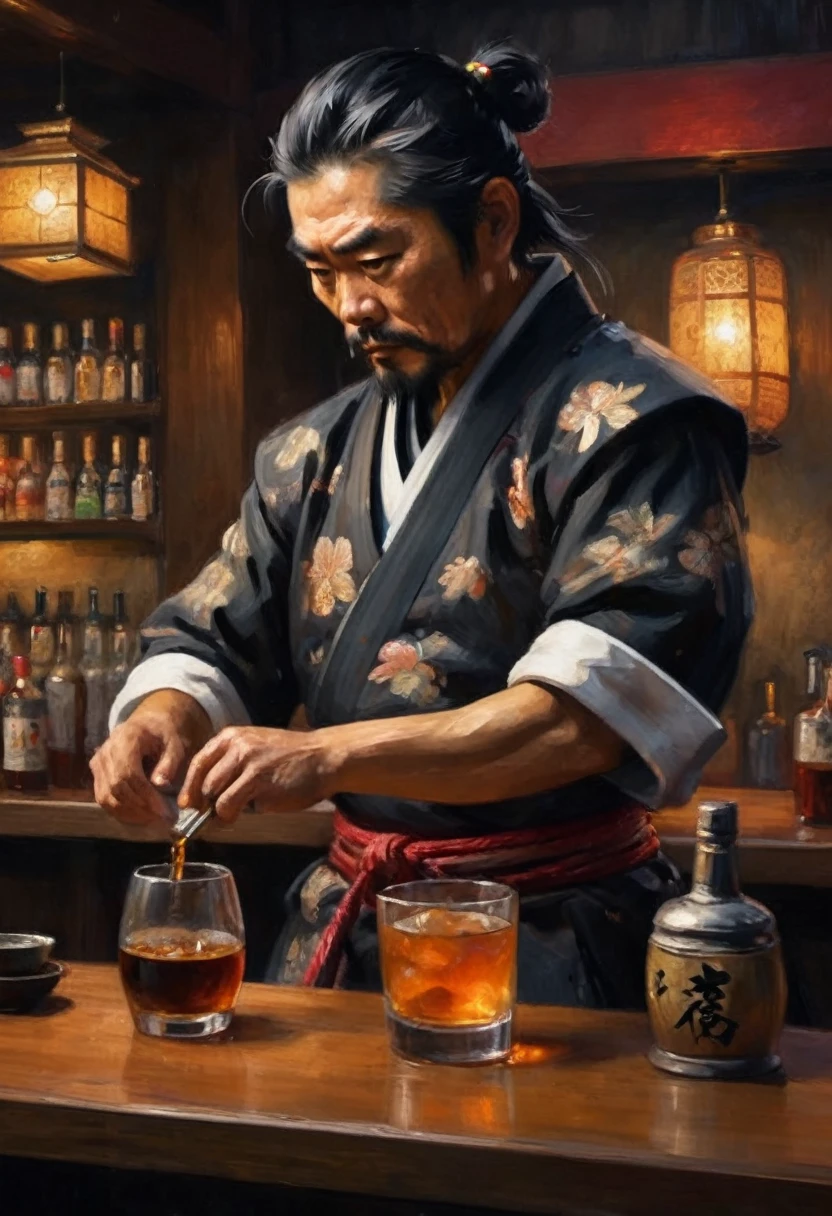 japanese samurai bartender, hyperrealistic, dim light