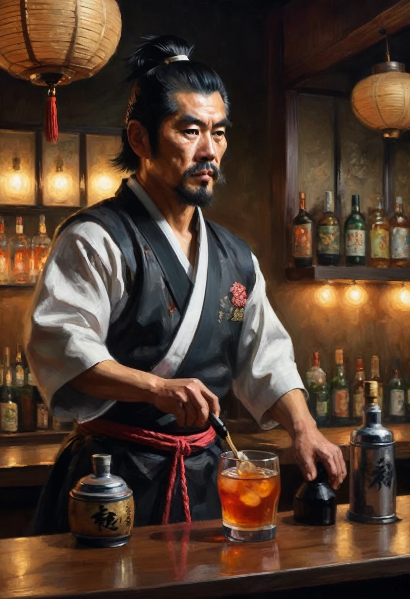 japanese samurai bartender, hyperrealistic, dim light
