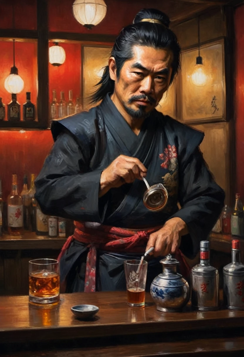 japanese samurai bartender, hyperrealistic, dim light

