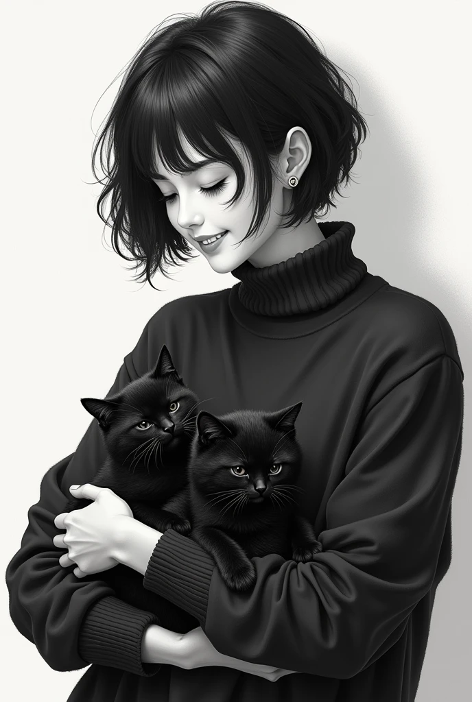 (Photorealism:1.2), black and white drawing of a tall woman, dressed in a black sweater, short black hair, looking tenderly, smiling at two black kittens who look at her.