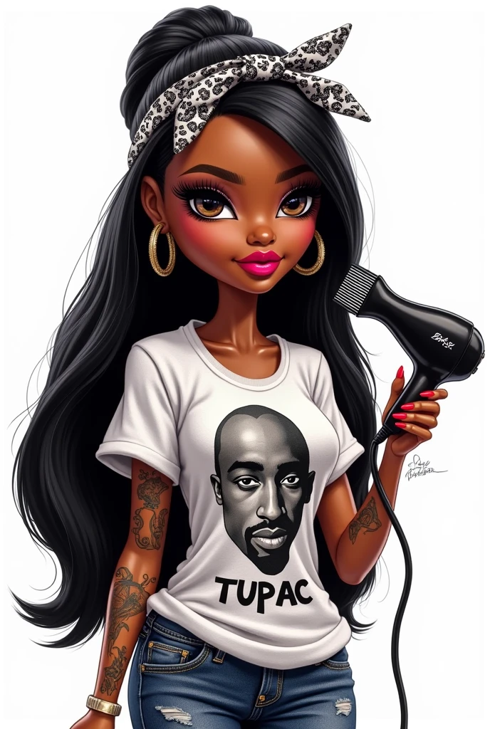 Brown Bratz with black straight hair, very thick and red lips, slanted eyes with lots of long black eyelashes. Tattoos on the arms, a white Tupac shirt, a black and white bandana on the head. Red and long nails. A comb in one hand and a hairdryer in the other. Nose piercing and a mole on the right cheek. White background