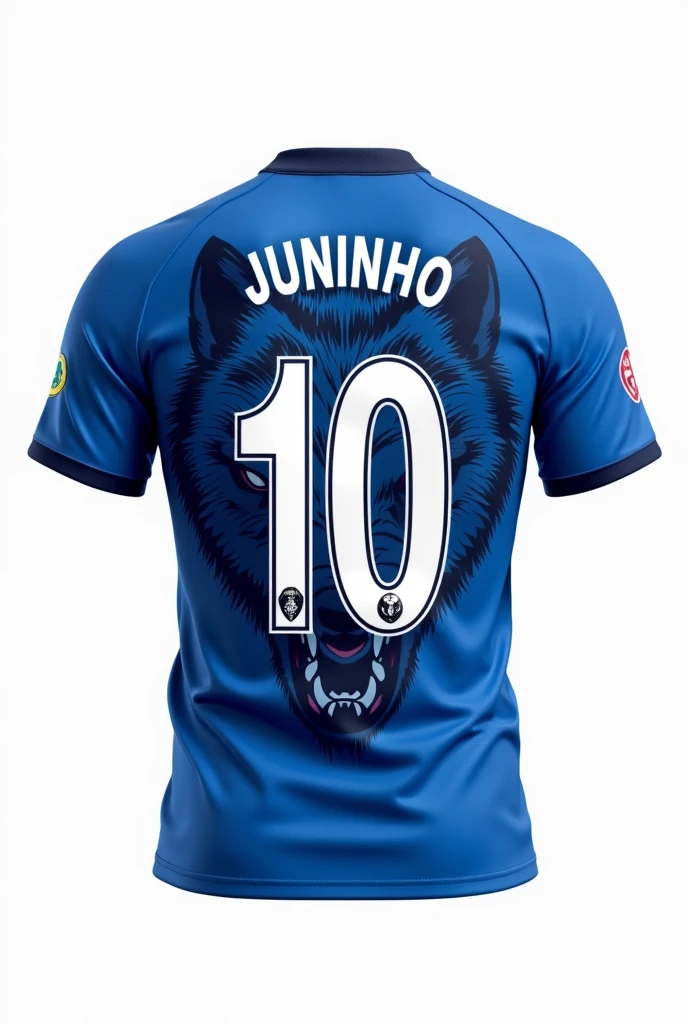 Make a blue and white soccer jersey with a wolf on the front and number 10 and Juninho written on the back with a white background just on the shirt. 