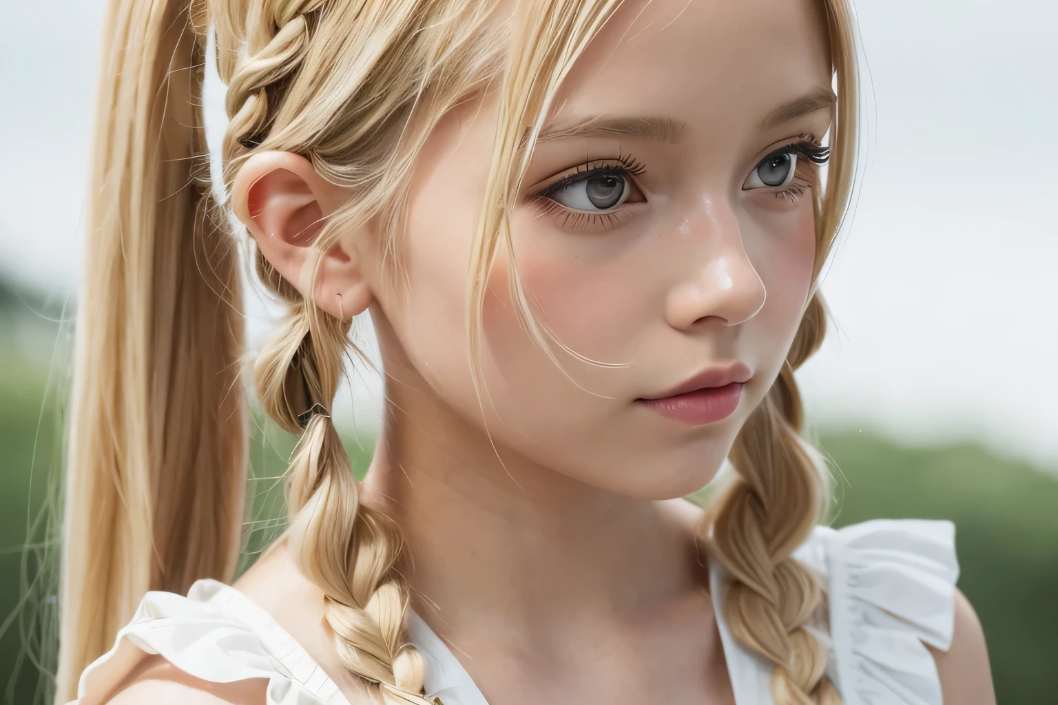 Close up portrait of woman with long blonde hair and white dress, Pigtailsstyle, Blonde Pigtails, two Pigtailsstyle, Cute Hairstyles, Beautiful blonde, Blonde braided hair, Blonde Princess, pigtail braid, Elegant fantasy style braids, Pigtails, Sydney Sweeney, Blonde girl, Beautiful blonde髪, Cute Hairstyles