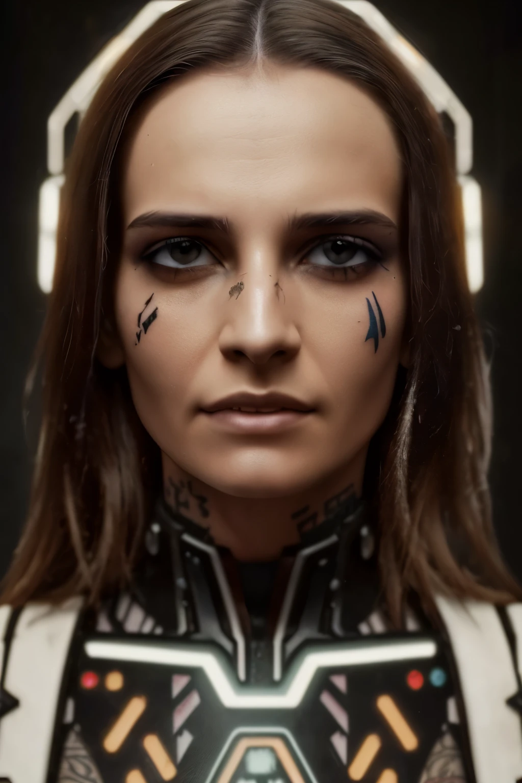 Detailed portrait cyberpunk (sks person), futuristic neon reflective wear, sci-fi, robot parts, ismail inceoglu dragan bibin hans thoma greg rutkowski alexandros pyromallis nekro rene margitte illustrated, perfect face, ((tattoo)), , matte skin, pores, wrinkles, hyperdetailed, hyperrealistic,, Moody Lighting, Hasselblad Award Winner, Soft Diffuse Lighting, Smirk,, machine face, fine details, realistic shaded, intricate, elegant,