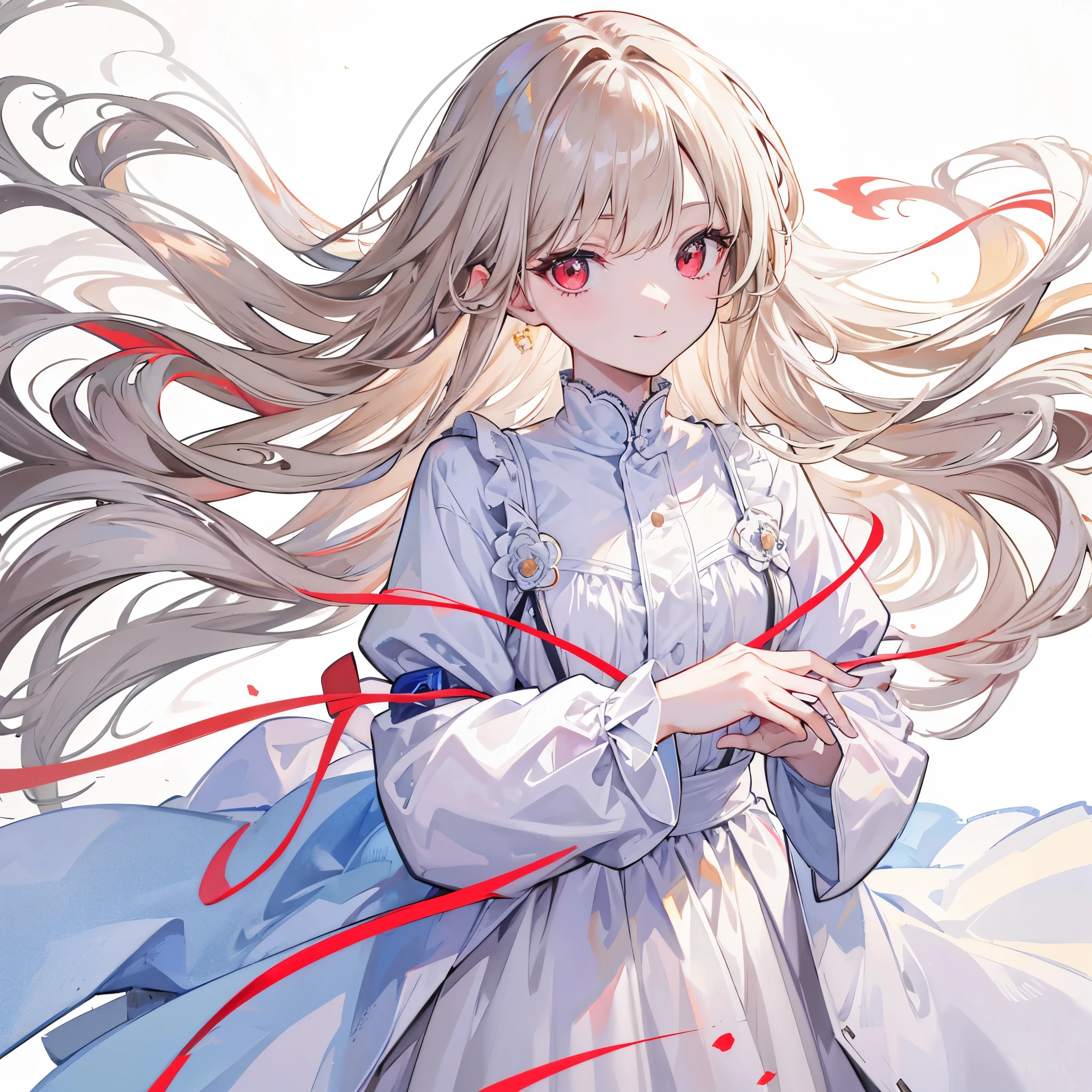 High resolution, One person, solo, Long Hair, Red eyes,Beige hair,
Highest quality, masterpiece, High-resolution model, Long Hair, Shiny Hair, Sparkling eyes, Lonely, smile, disposal、watercolor、Light color scheme、White dress、sit,Simple Background, Close-up, Part of the picture goes outside the frame, Lots of white space, watercolor画