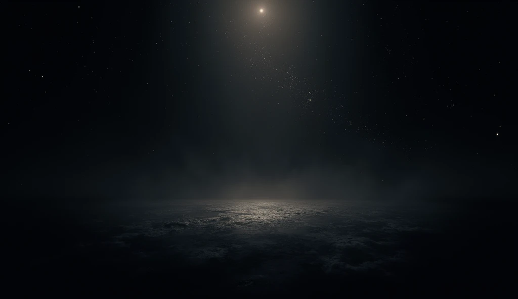 A vast darkness with a soft glow in the center, symbolizing the void before creation. Stars begin to appear in the background, creating a contrast with the darkness.