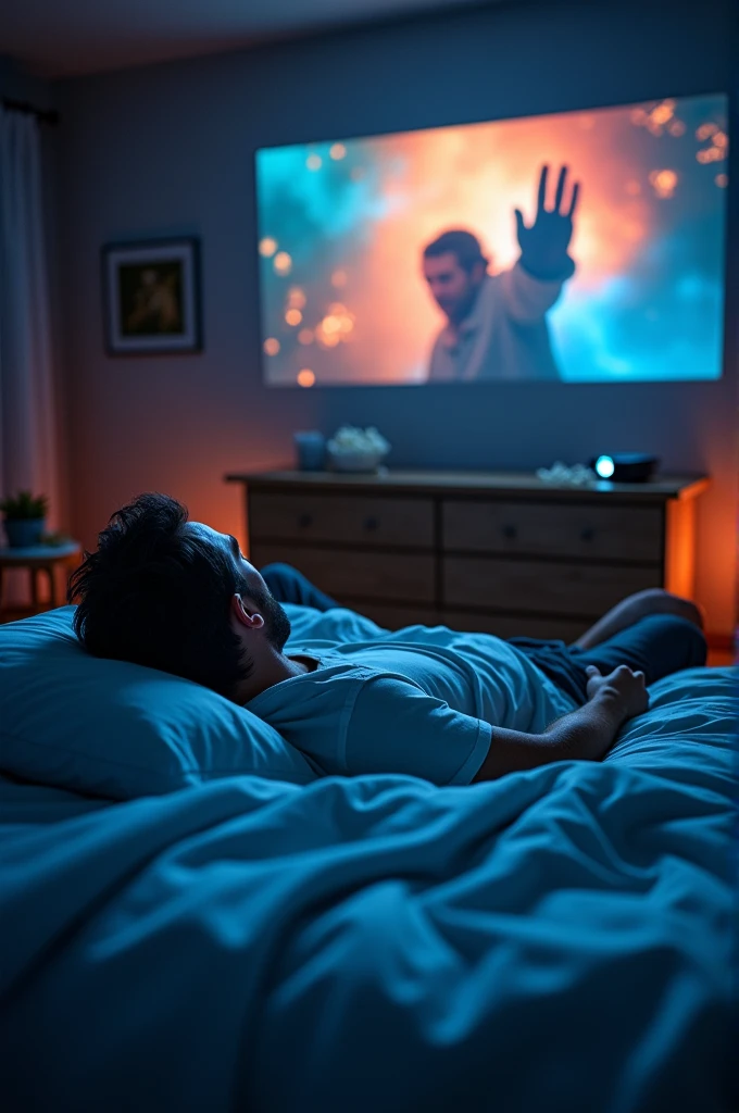 A man lying on his bed using a cinema hd mini projector to watch a movie dusplayed on the wall