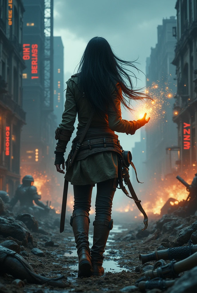 Book cover The cover shows Valentina, a young mage, seen from behind with long black hair. Her face and skin tone are hidden, she wears adventurer and survivor clothes, in one of her hands she must be doing a little magic with light. She is in a devastated, post-apocalyptic cityscape, with ruined buildings and a dark, ominous sky. The background combines elements of futuristic technology and ancient magic, with glowing runes and broken machines scattered around. Valentina has a slight aura of power around her. The overall mood is intense, dark and mysterious, suggesting the epic struggle and clash between magic and technology.