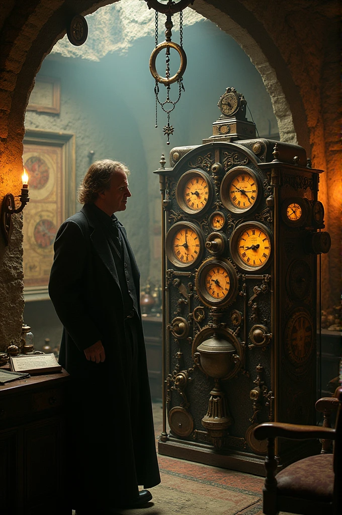 A scientist, the Time Traveler, in his laboratory with his time machine. The machine is full of gears and clocks.