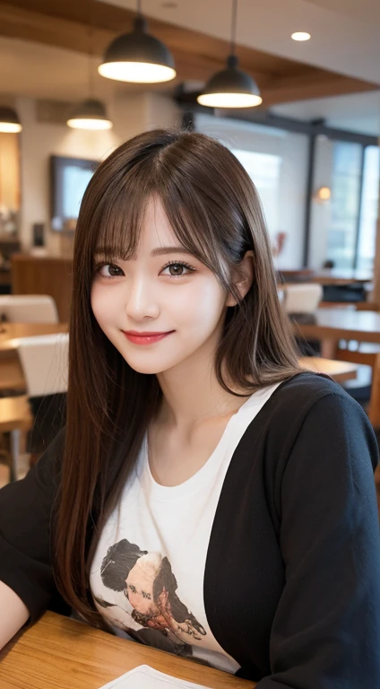 Tabletop, Highest quality, shape, Very detailed, In detail, High resolution, 8k wallpaper, Perfect dynamic composition, Beautiful attention to detail, Natural Lip, T-Shirts, Random sexy poses, whole body, Moe sleeves, Cute smile,