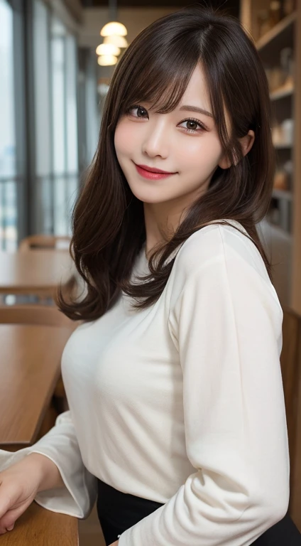 Tabletop, Highest quality, shape, Very detailed, In detail, High resolution, 8k wallpaper, Perfect dynamic composition, Beautiful attention to detail, Natural Lip, T-Shirts, Random sexy poses, whole body, Moe sleeves, Cute smile,