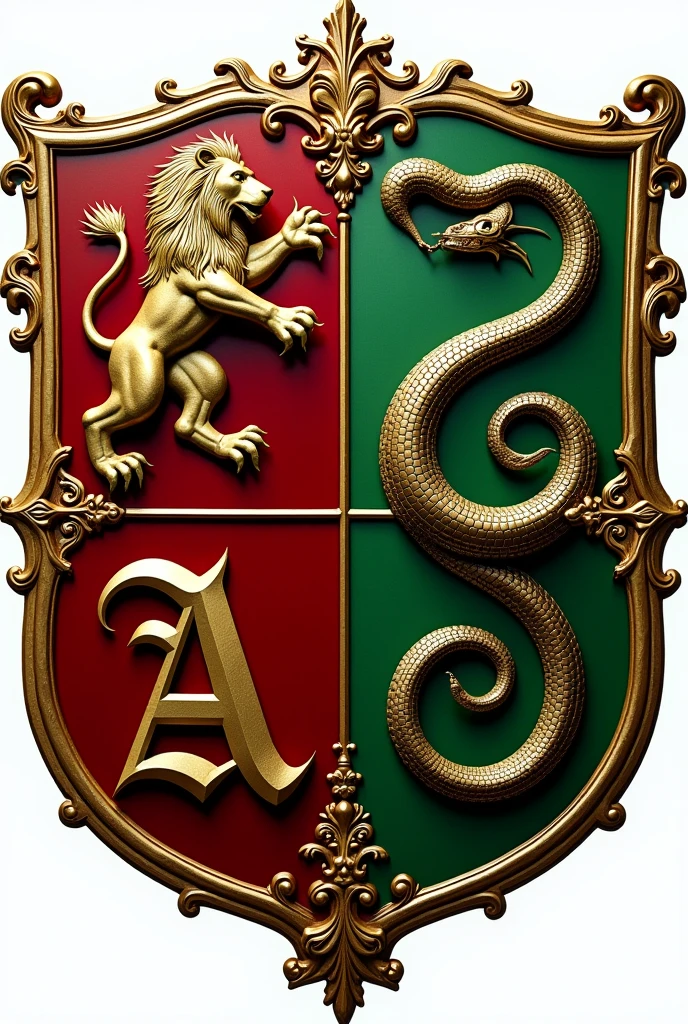 A coat of arms in the shape of a shield divided into four parts,on one side a lion frequently used in coats of arms,on the other side a letter L in gothic font,below the lion ,a letter A in gothic font,on the other part of the shield a snake in the same style as the lion 
