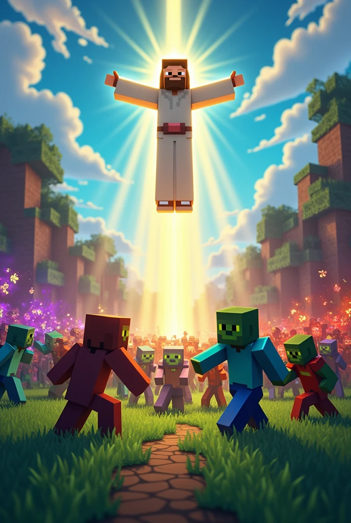 Jesus in Minecraft, shining and flying over armed army humans fighting zombies