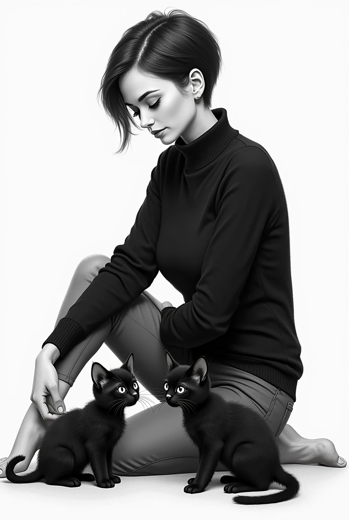black and white drawing of a tall woman, dressed in a black sweater, short black hair, looking tenderly, smiling at two black kittens who look at her.