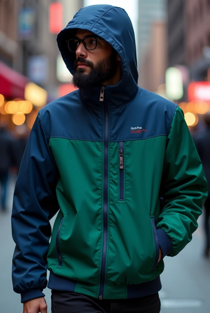 Create a promotional jacket with dark green and navy blue colors