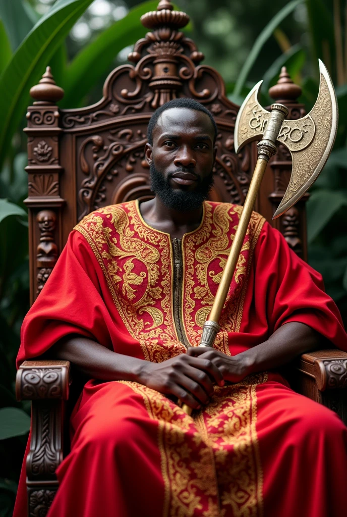 Black man wearing traditional red Yoruba robes, holding a labris while sitting on a throne 