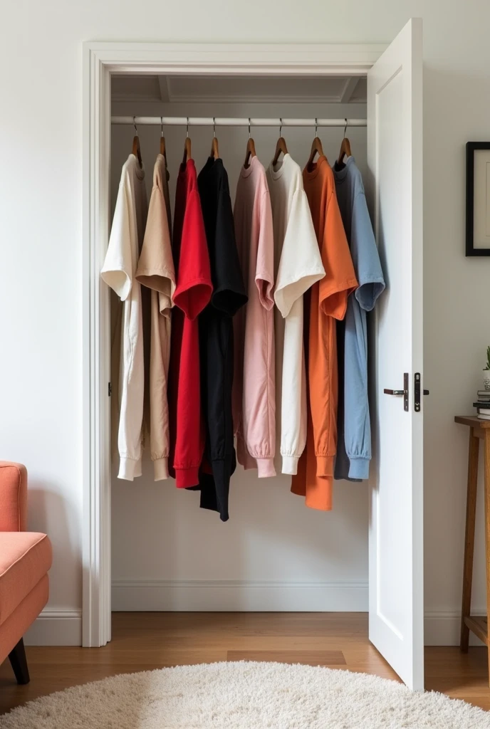In a comfortable space, For example with a rug, a sofa, but it should be a small space, put an open closet, where on the clothes hooks, there are oversized sets, a place to get out, the colors should be white, beish, negro, red, light blue, light pink and orange, make it comfortable oversized urban clothes, don't wear sweaters or formal clothes, bring the image closer and make it look real, not so elaborate, that mark clothing sets, shirt and shorts, that are not long sleeves and that the image looks close, that it's on a white background and bring the image closer, that it doesn't look far away