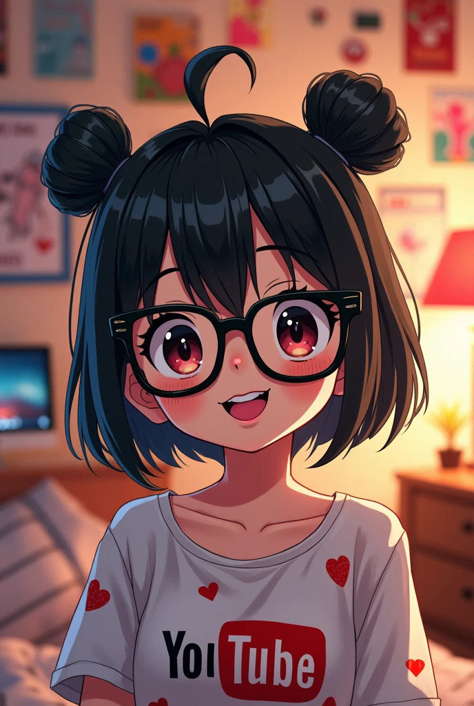 cute girl, with glasses, sharped teeth, YouTube blouse, 3 hairs, アニメ, black hair and black headphones