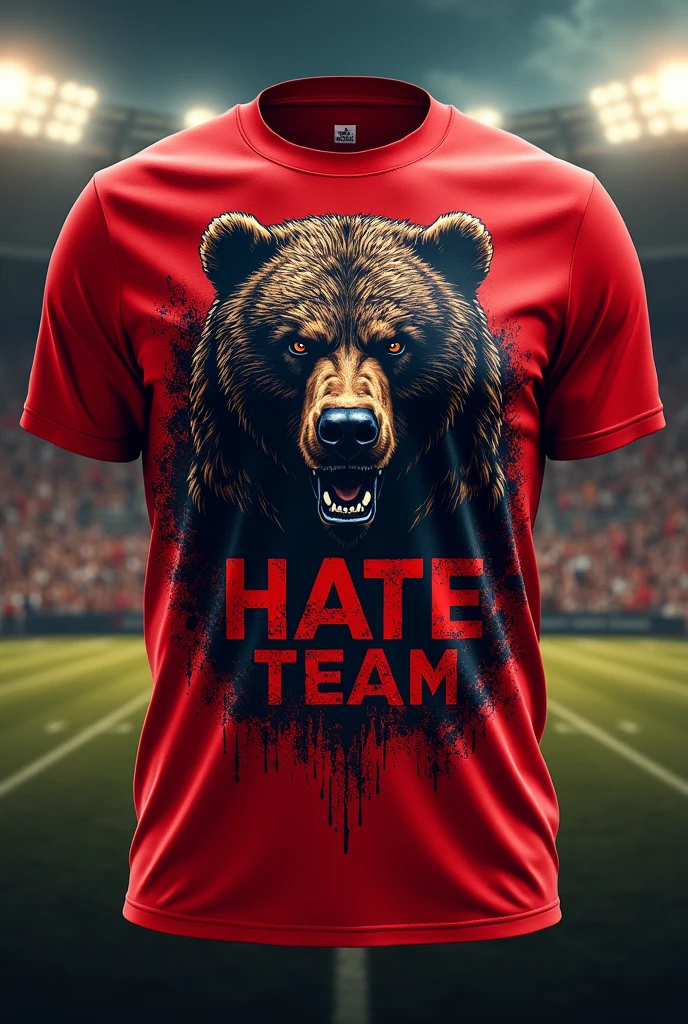 Create a red shirt for an organized team, with a large, fierce bear printed on it, with one , written HATE TEAM