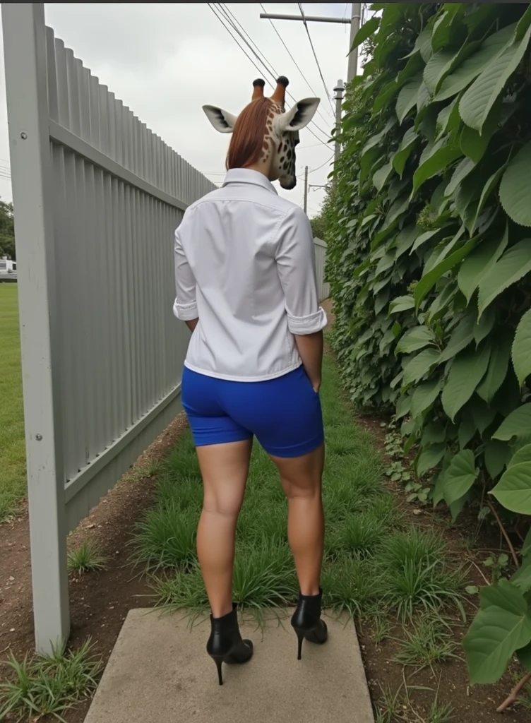 giraffe woman in blue shorts and white shirt standing on step, in shorts, Bare thighs!!!, tight outfit, view from the back, thick legs, next to a plant, thick thighs, wear tight, simple clothes, shot from behind, full height from behind, intriguing outfit, photo from behind, blue outfit