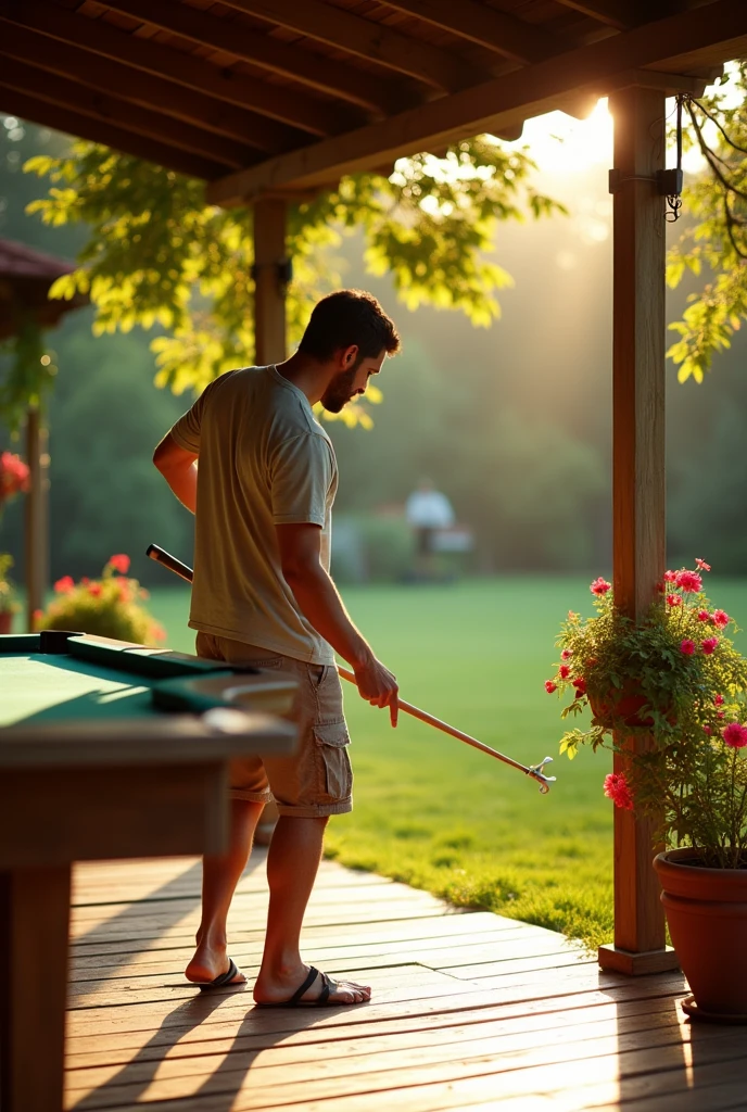 Man playing pool on the porch of his house,em um dia de sol