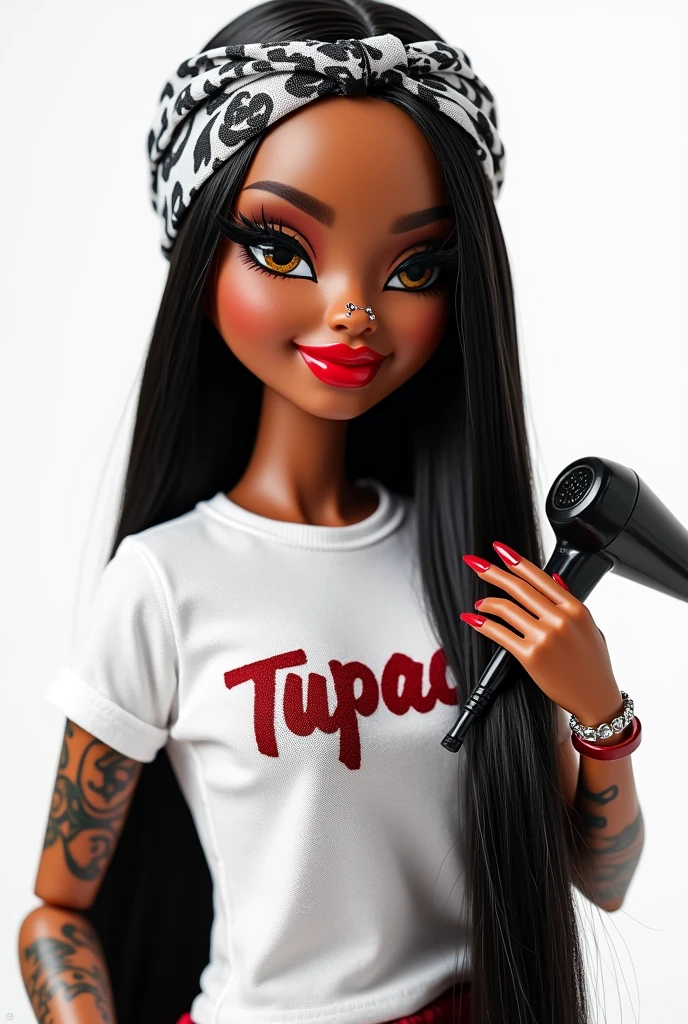 Brown Bratz with black straight hair, very thick and red lips, slanted eyes with lots of long black eyelashes. Tattoos on the arms, a white Tupac shirt, a black and white bandana on the head. Red and long nails. A comb in one hand and a hairdryer in the other. Nose piercing and a mole on the right cheek. White background filled body